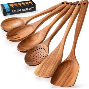 Zulay Kitchen 6 Piece Wooden Spoons for Cooking – Smooth Finish Teak Wooden Utensils for Cooking – Soft Comfortable Grip Wood Spoons for Cooking – Non-Stick Wooden Cooking Utensils – Wooden Spoon Sets