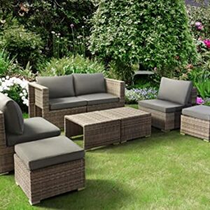 8 PCS Outdoor Furniture Fully Assembled Patio Conversation Furniture Sets Wicker Rattan Outside Sectional Sofa Couch Space Saving Deep Seating with Back Cushion Ottoman Coffee Table – Grey