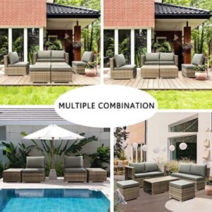 8 PCS Outdoor Furniture Fully Assembled Patio Conversation Furniture Sets Wicker Rattan Outside Sectional Sofa Couch Space Saving Deep Seating with Back Cushion Ottoman Coffee Table – Grey