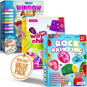 Kids Arts & Crafts Bundle – Painting Activities Kits for Boys & Girls of All Ages – Rock Painting, Window Art, DIY Chime Kit – Craft Supplies Activity Set – Kid & Toddler Summer Projects Gifts
