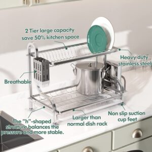 MAJALiS Stainless Steel Dish Drying Rack Large 2 Tier Dish Rack with 3 Drainboard Set & Cutting Board/Utensil/Knife Holder Two Tiered Dish Drainer for Kitchen Counter (Silver 2021)