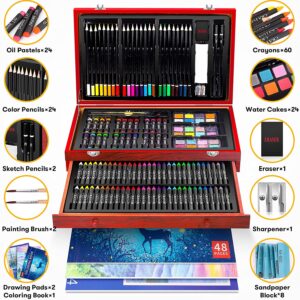 Art Supplies, iBayam 150-Pack Deluxe Wooden Art Set Crafts Drawing Painting Kit with 1 Coloring Book, 2 Sketch Pads, Creative Gift Box for Adults Artist Beginners Kids Girls Boys