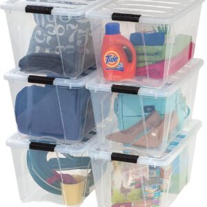 IRIS USA 53 Qt. Plastic Storage Container Bin with Secure Lid and Latching Buckles, 6 pack – Clear, Durable Stackable Nestable Organizing Tote Tub Box Sports General Organization Garage Large