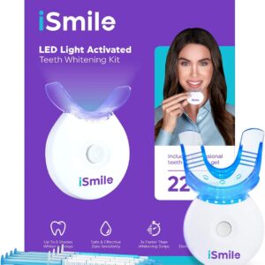 iSmile Teeth Whitening Kit – LED Light, 35% Carbamide Peroxide, (3) 3ml Gel Syringes, (1) Remineralization Gel, and Tray.