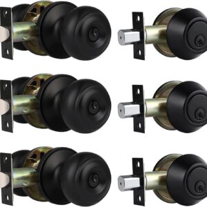 home improvement direct 3 Pack Keyed Alike Entry Door Knobs and Single Cylinder Deadbolt Lock Combo Set Security for Entrance and Front Door with Classic Matte Black Finish