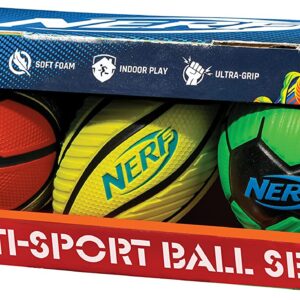 NERF Mini Foam Sports Ball Set – Foam Football, Soccer Ball + Basketball Set Soft Foam Sports Set for Kids – Multicolor